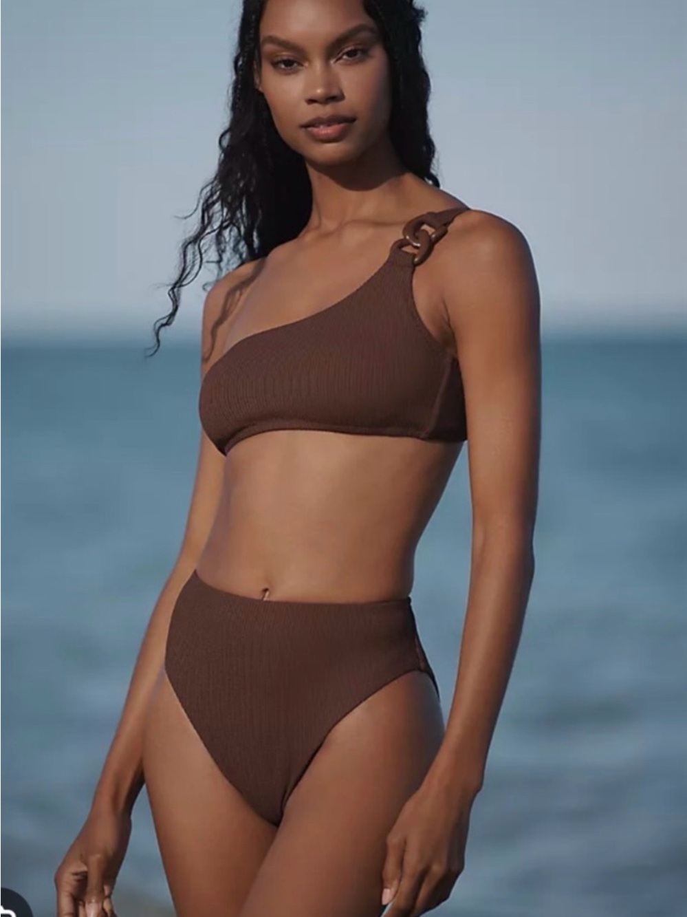 Sanctuary one shoulder swim top and high waisted bottoms